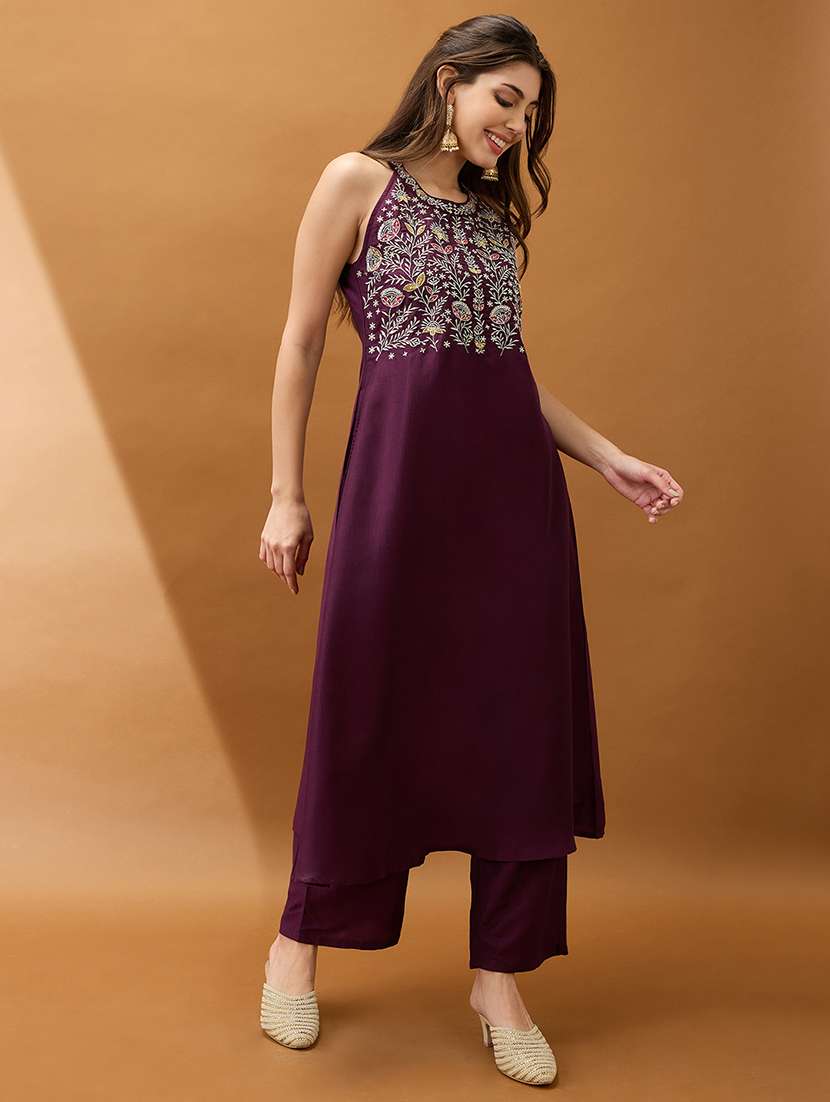 women purple floral embroidered yoke halter neck a-line kurta with straight pant festive set - 21918787 -  Standard Image - 1