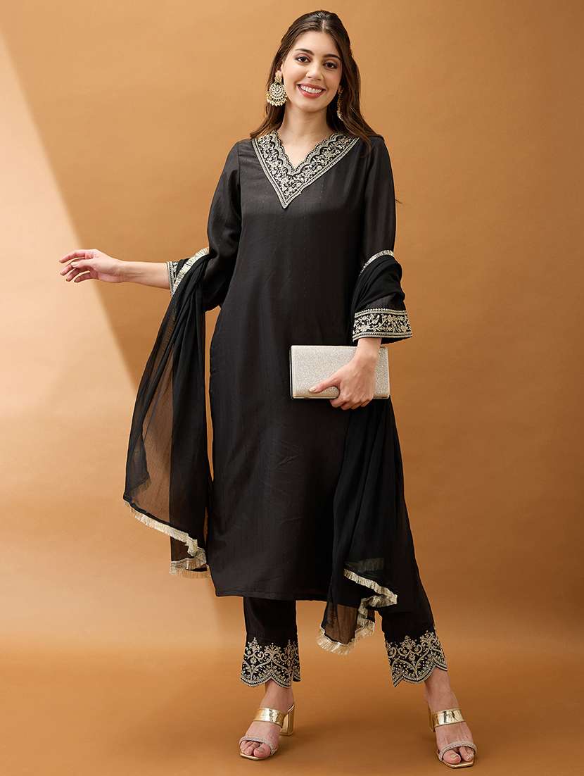 women black sequinned zari embroidered v-neck bell sleeves kurta with pant & dupatta festive set