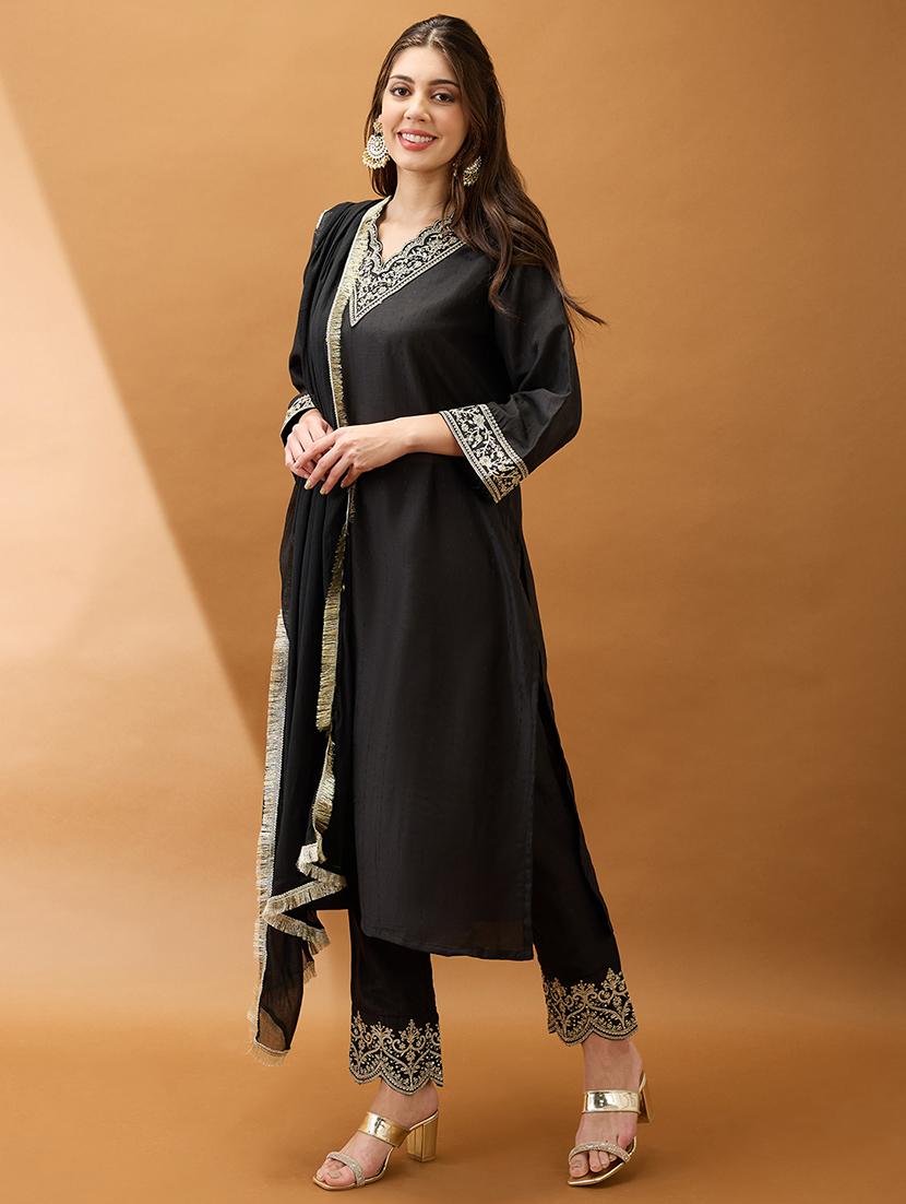 women black sequinned zari embroidered v-neck bell sleeves kurta with pant & dupatta festive set - 21918788 - Standard Image - 1