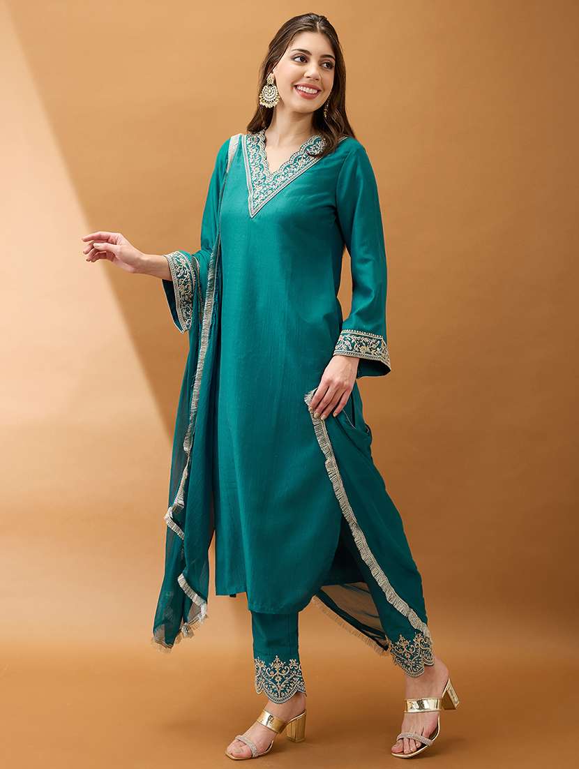 women teal sequinned zari embroidered v-neck bell sleeves kurta with pant & dupatta festive set - 21918789 - Standard Image - 1
