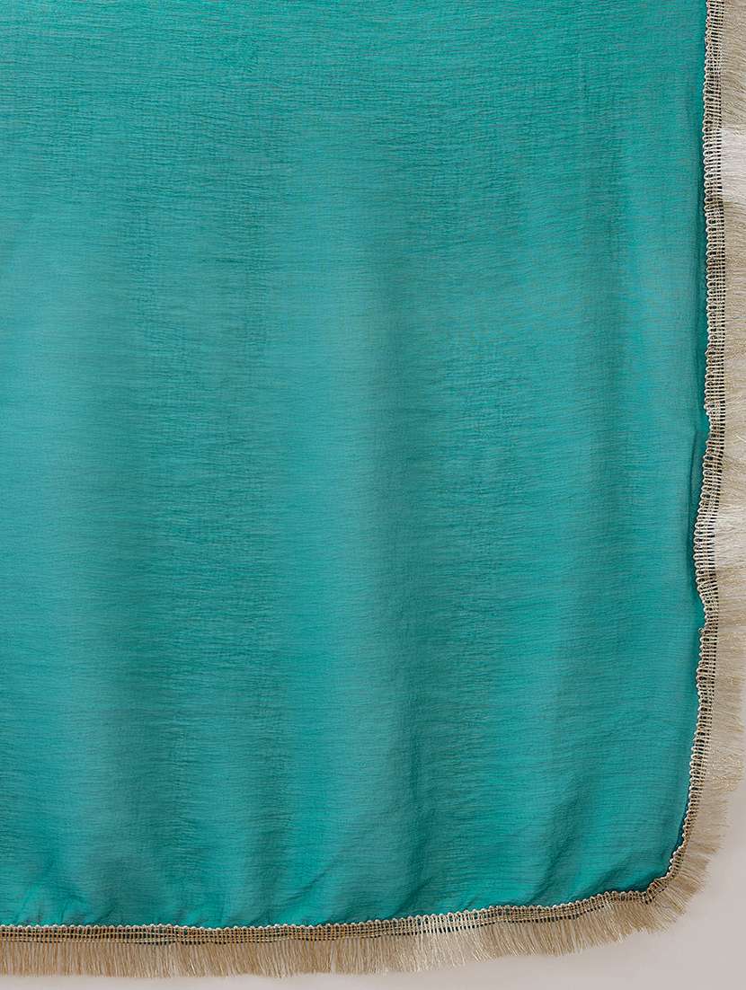 women teal sequinned zari embroidered v-neck bell sleeves kurta with pant & dupatta festive set - 21918789 - Standard Image - 4
