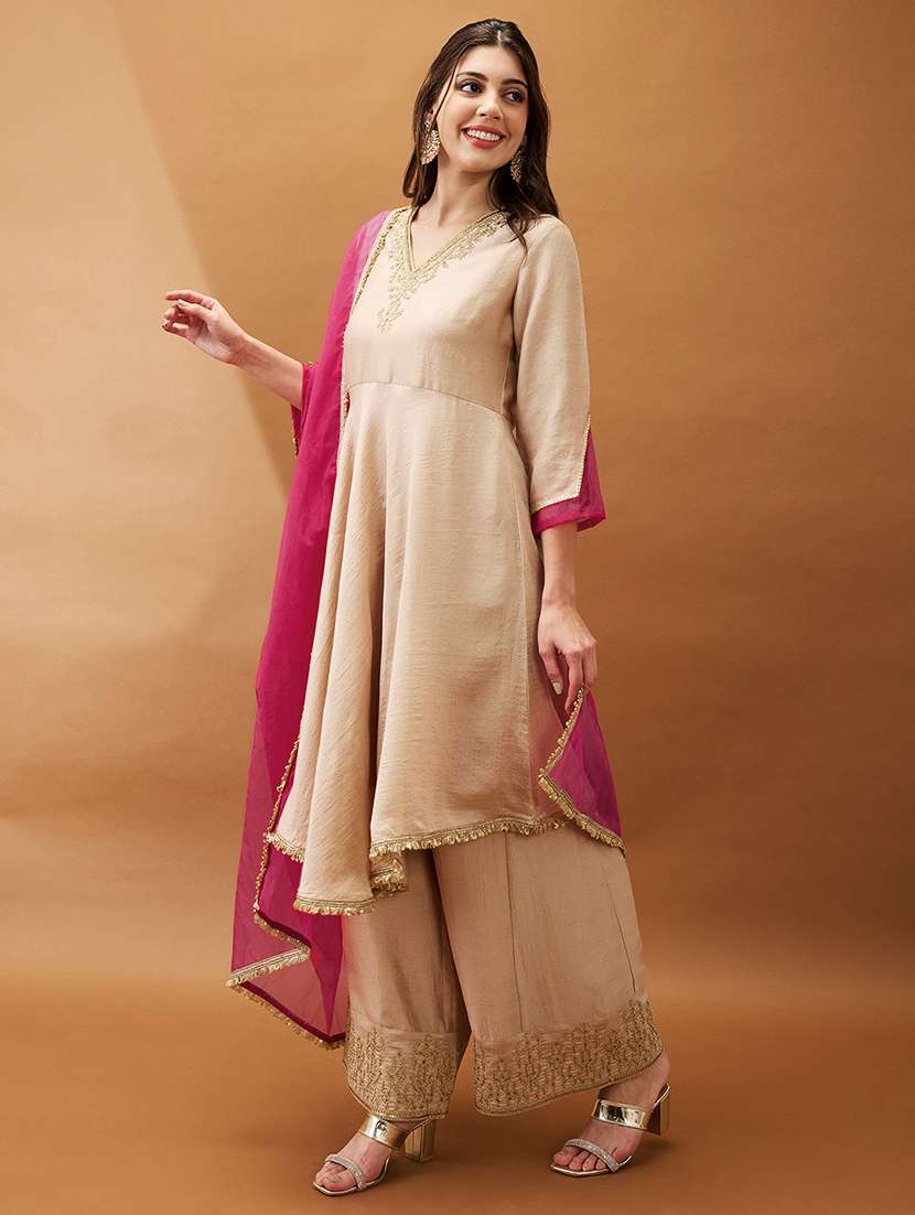 women peach embroidered v-neck asymmetric hem a-line kurta with palazzos & contrast dupatta  - 21918790 -  Standard Image - 1