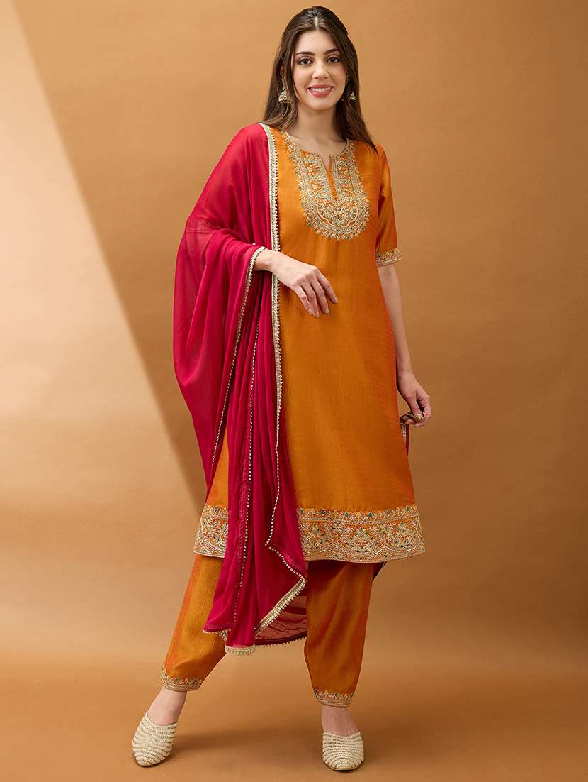 women yellow zari embroidered yoke a-line kurta with pant & contrast dupatta set