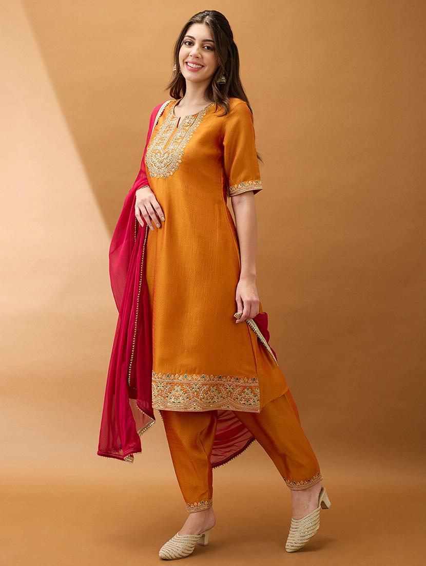 women yellow zari embroidered yoke a-line kurta with pant & contrast dupatta set - 21918791 - Standard Image - 1