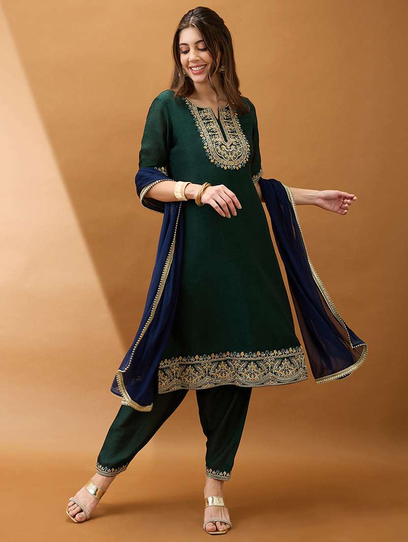 women green sequinned zari embroidered yoke a-line kurta with pant & contrast dupatta set