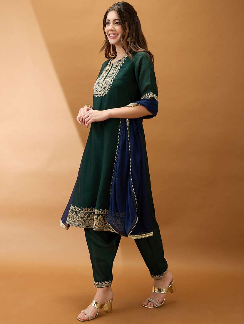 women green sequinned zari embroidered yoke a-line kurta with pant & contrast dupatta set - 21918792 -  Standard Image - 1