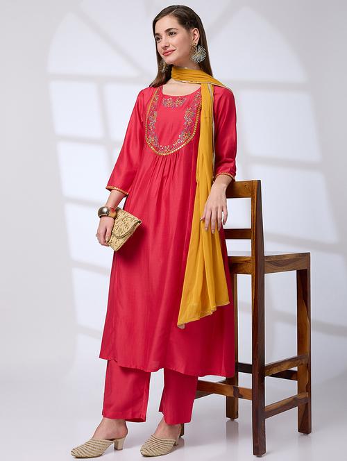 women red floral embroidered yoke mirror work pleated a-line kurta with pants & sequinned taping dupatta festive set - 21918794 -  Standard Image - 0