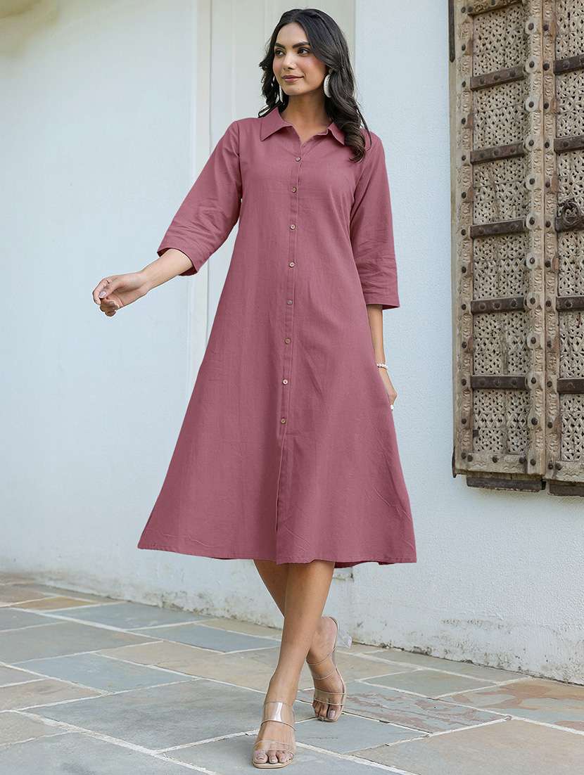 women solid three quarter sleeves a-line dress - 21918808 -  Standard Image - 1
