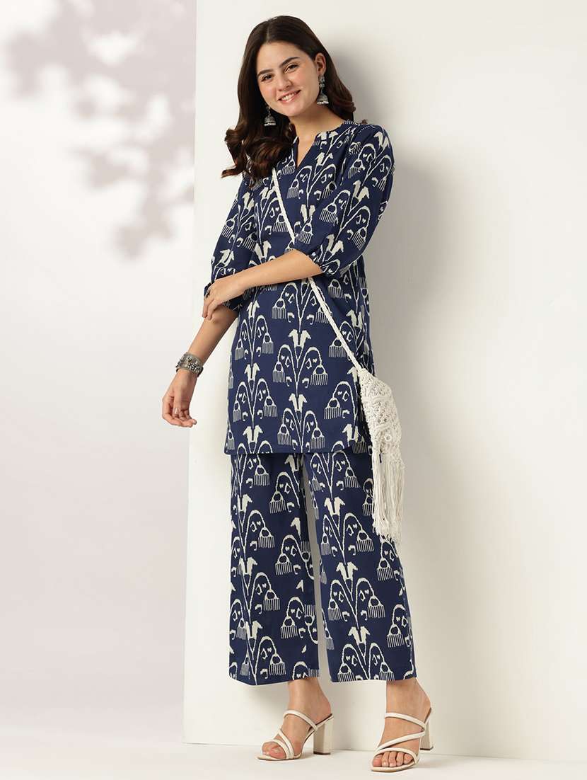 women navy blue ikat printed three quarter co-ord set - 21918810 -  Standard Image - 1