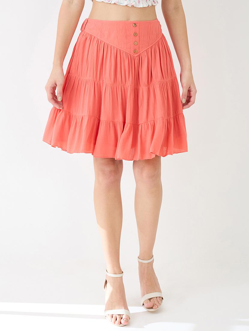 women peach mid rise flared hem tiered mini skirt - 21918812 - Zoom Image - 0
