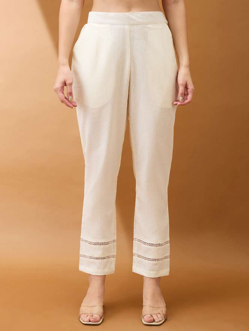 women off white self design lace detail mid rise parallel pant