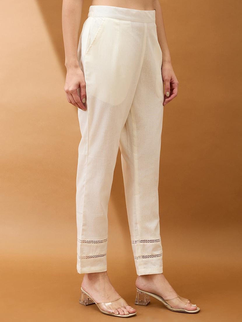 women off white self design lace detail mid rise parallel pant - 21918813 -  Standard Image - 1
