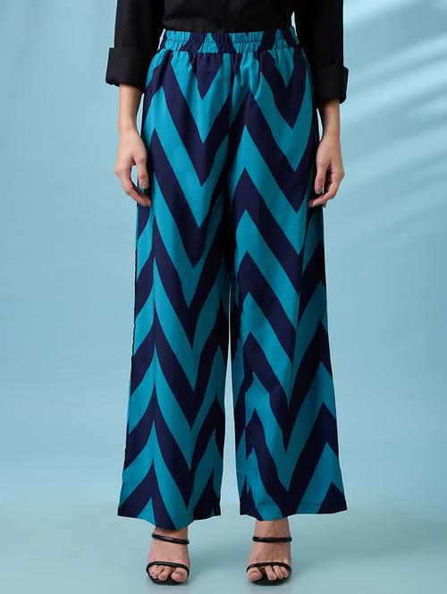 women navy blue chevron print hhig rise elasticated wide leg trousers - 21918814 - Standard Image - 0