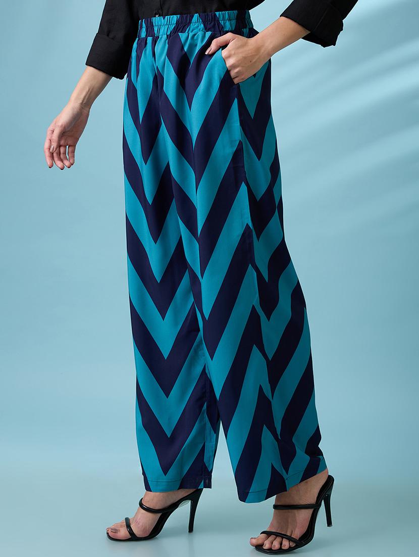 women navy blue chevron print hhig rise elasticated wide leg trousers - 21918814 - Standard Image - 1