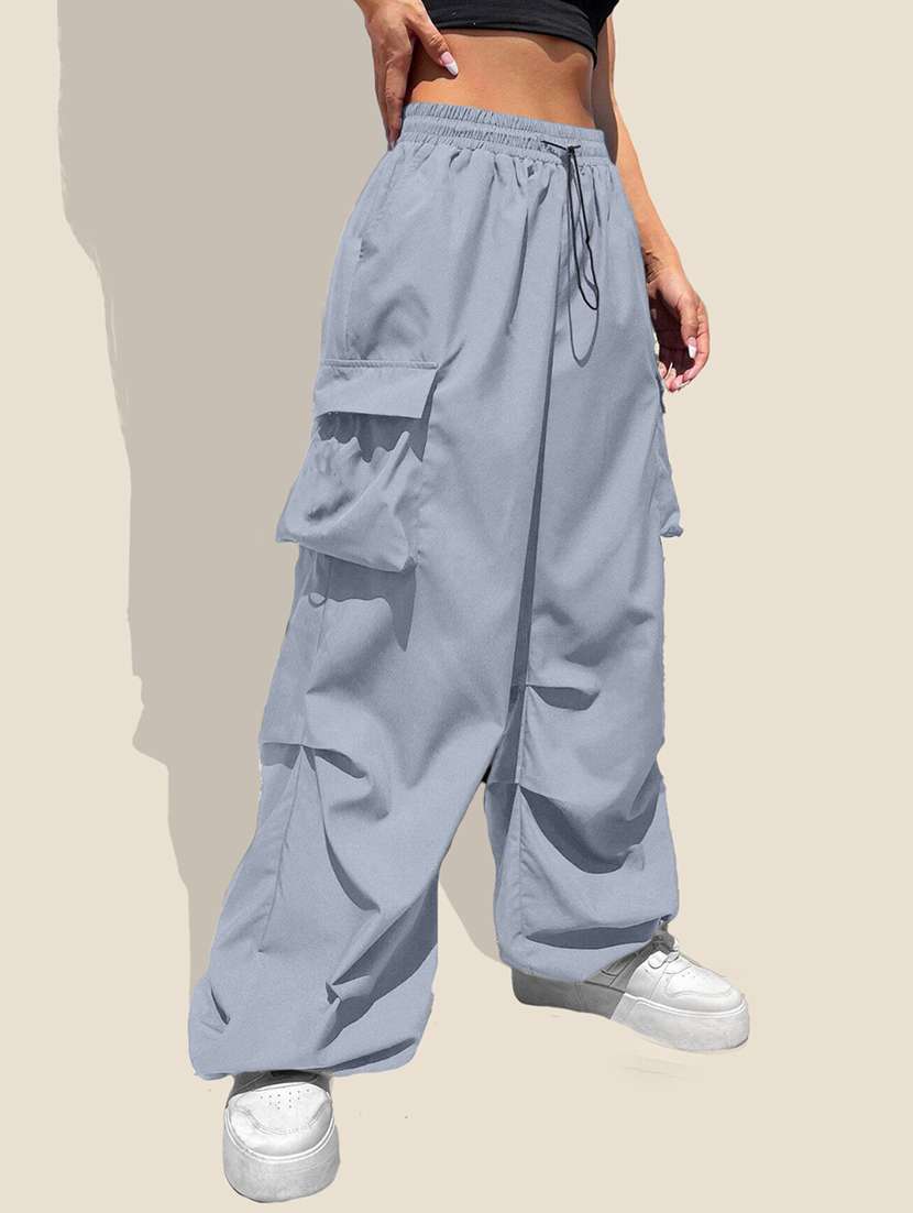 women solid high rise relaxed fit parachute pant