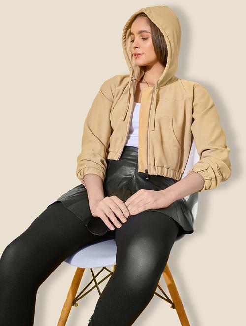 women solid long sleeve crop hooded jacket - 21918831 -  Standard Image - 0