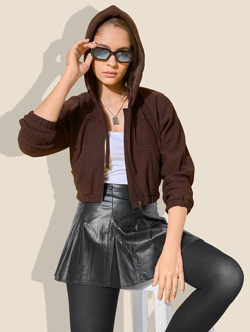 women solid long sleeve crop hooded jacket - 21918832 - Standard Image - 0