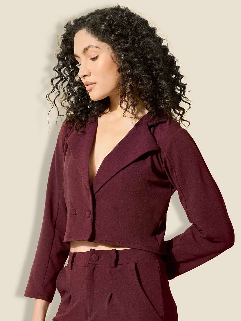 women maroon solid long sleeve crop blazer - 21918838 -  Standard Image - 1