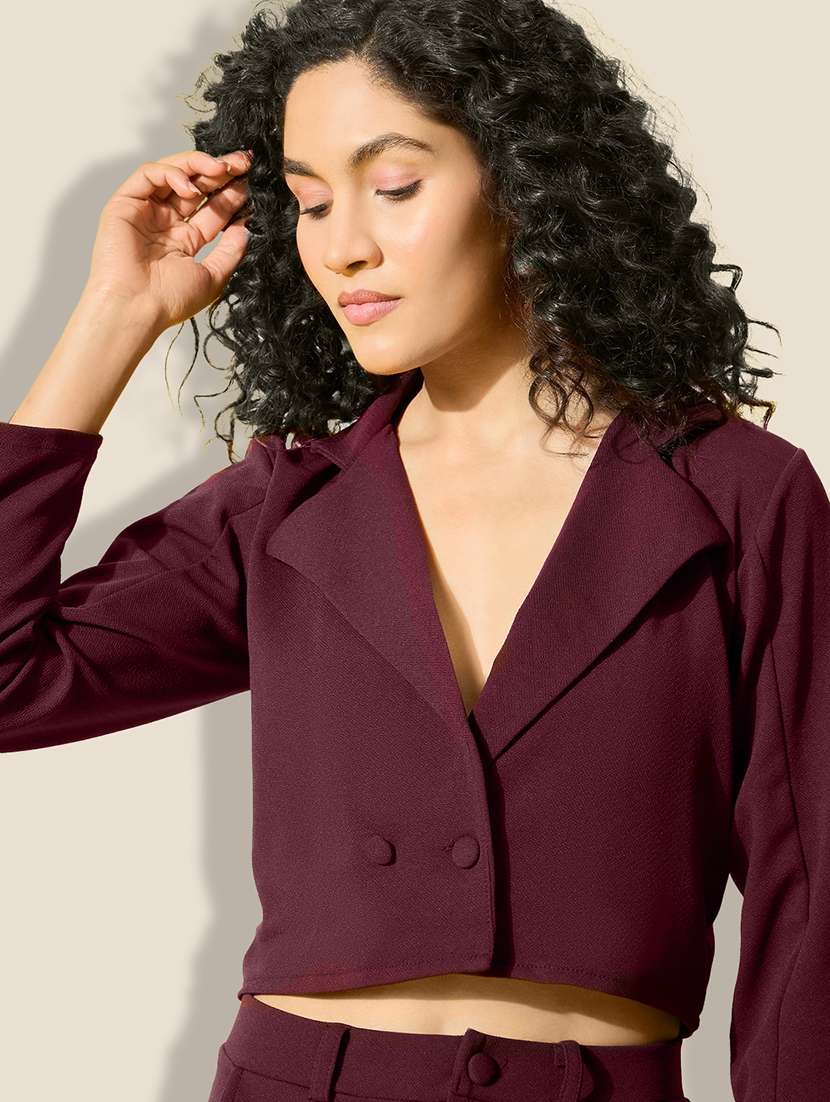 women maroon solid long sleeve crop blazer - 21918838 -  Standard Image - 4
