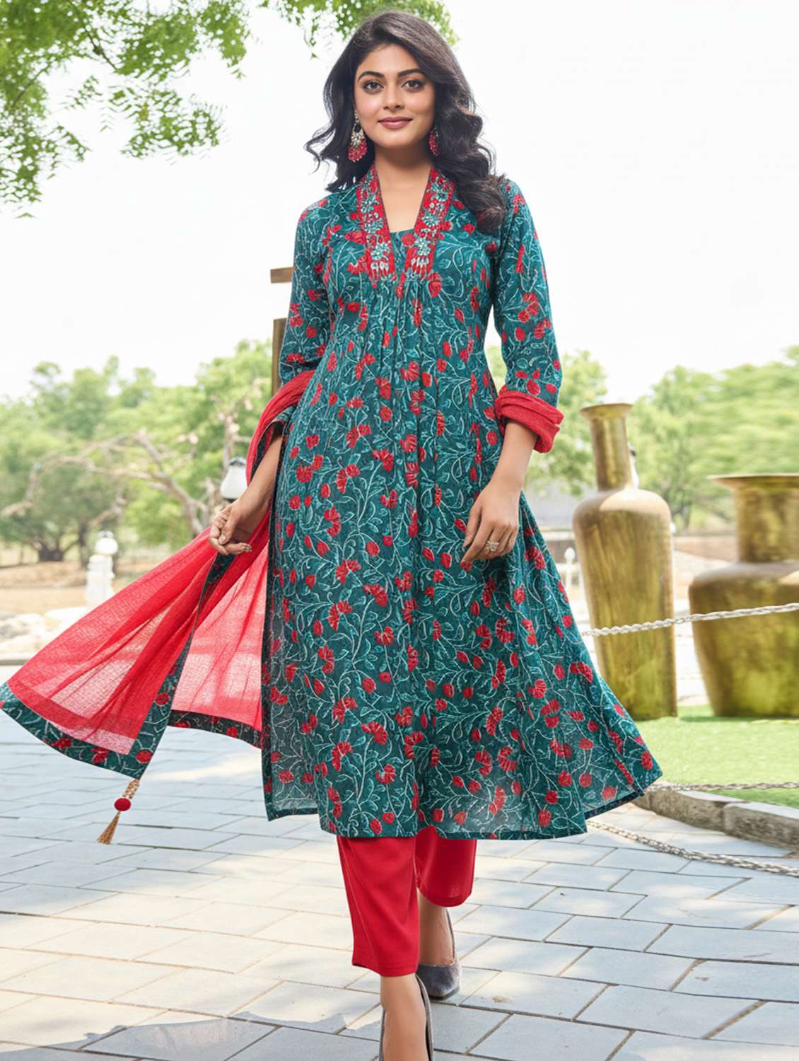 women three quarter sleeve kurta pant with dupatta set - 21918856 -  Standard Image - 1