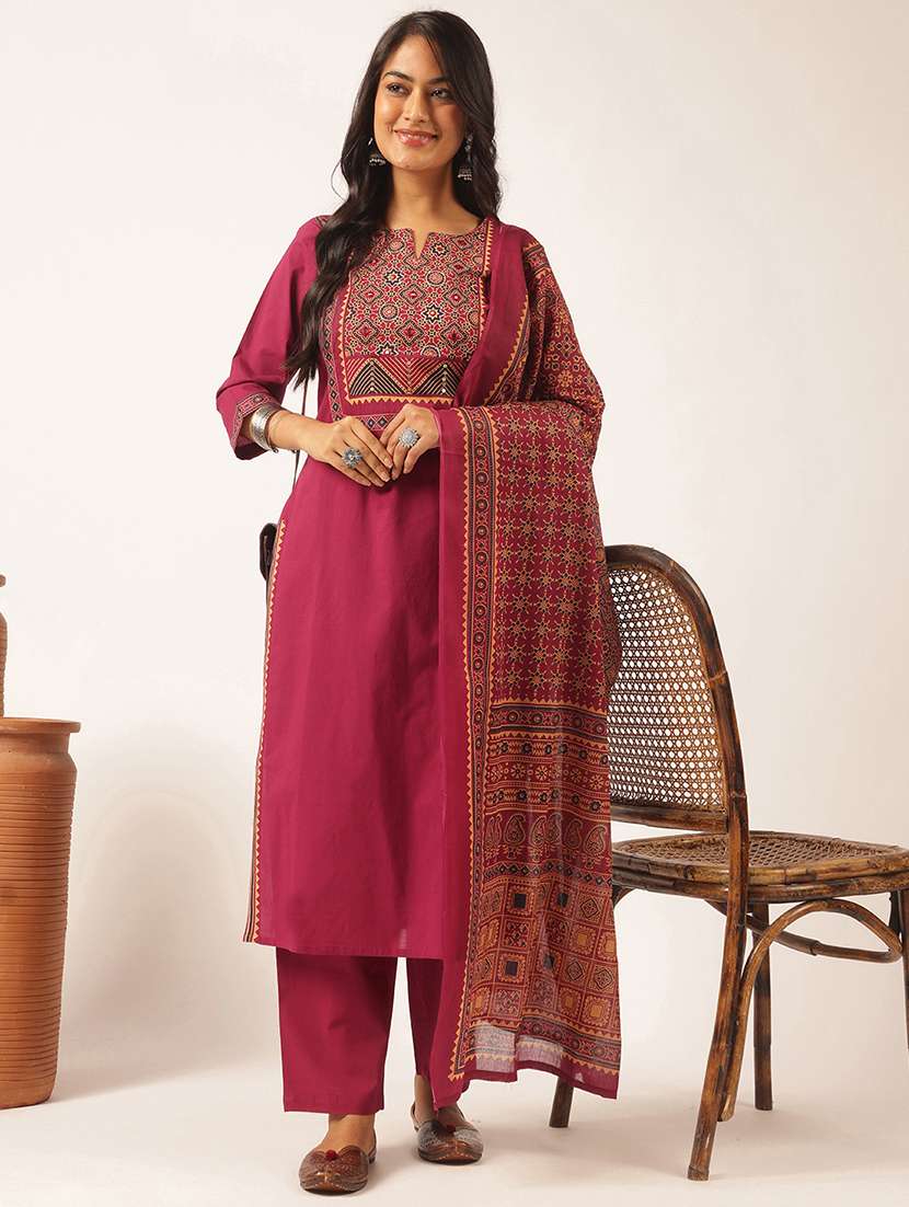 women three quarter sleeve kurta pant with dupatta set