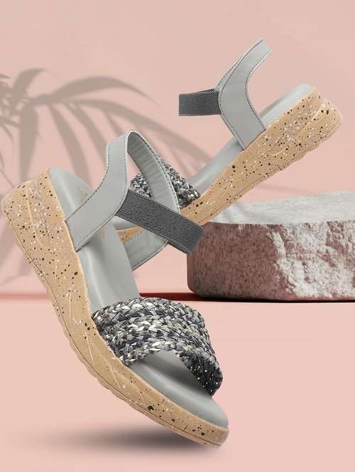 women grey ankle strap wedge
