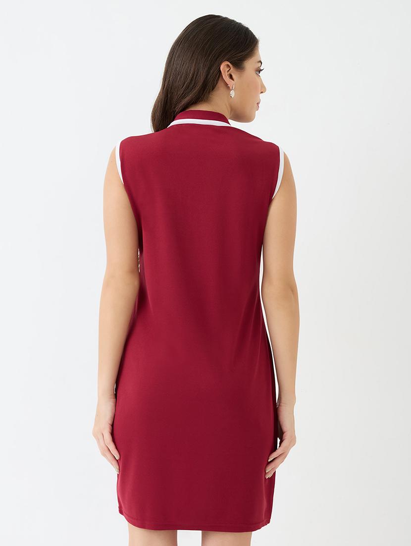 women maroon collared neck front zip pocket detail solid mini bodycon dress - 21918952 - Standard Image - 1