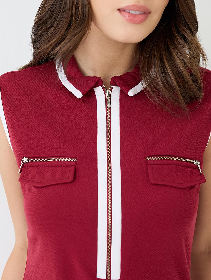 women maroon collared neck front zip pocket detail solid mini bodycon dress - 21918952 - Standard Image - 4