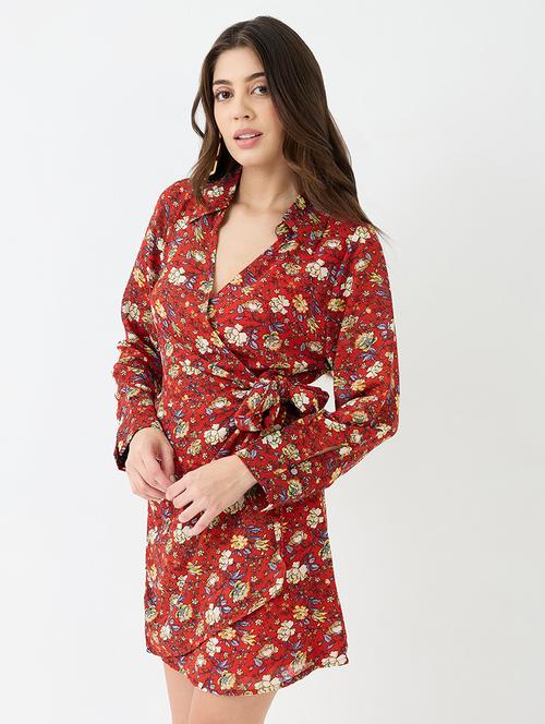 women red collared v-neck cuffed sleeves allover floral print mini tie-up wrap dress - 21918953 -  Standard Image - 0