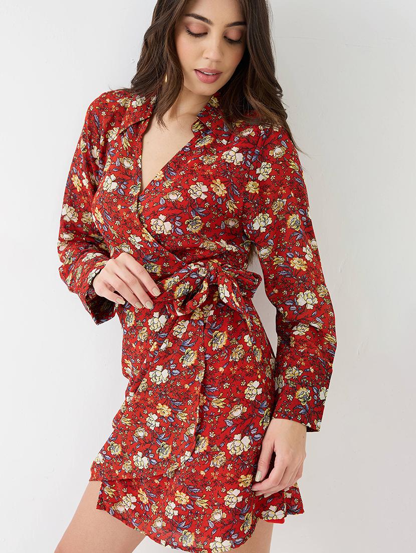 women red collared v-neck cuffed sleeves allover floral print mini tie-up wrap dress - 21918953 - Standard Image - 1