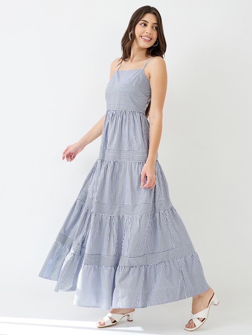 women blue square neck strappy shoulder striped smocked tiered fit & flare maxi dress - 21918954 -  Standard Image - 1