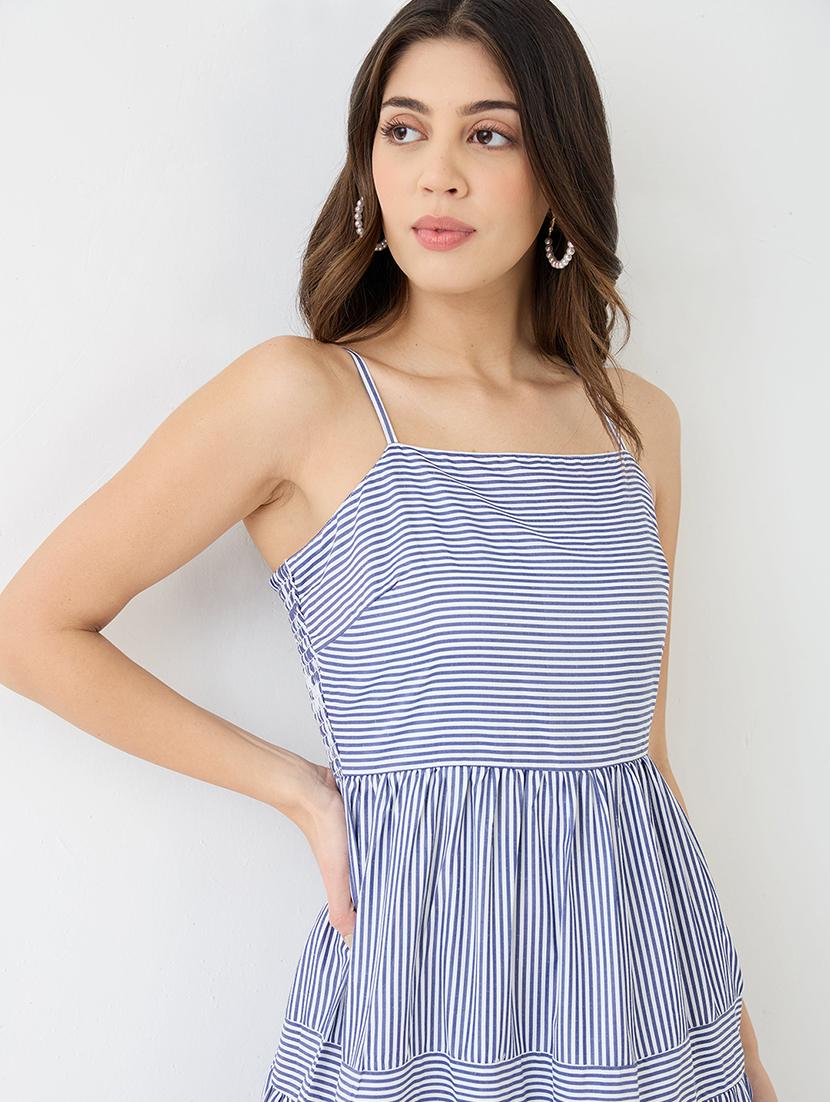 women blue square neck strappy shoulder striped smocked tiered fit & flare maxi dress - 21918954 - Standard Image - 4