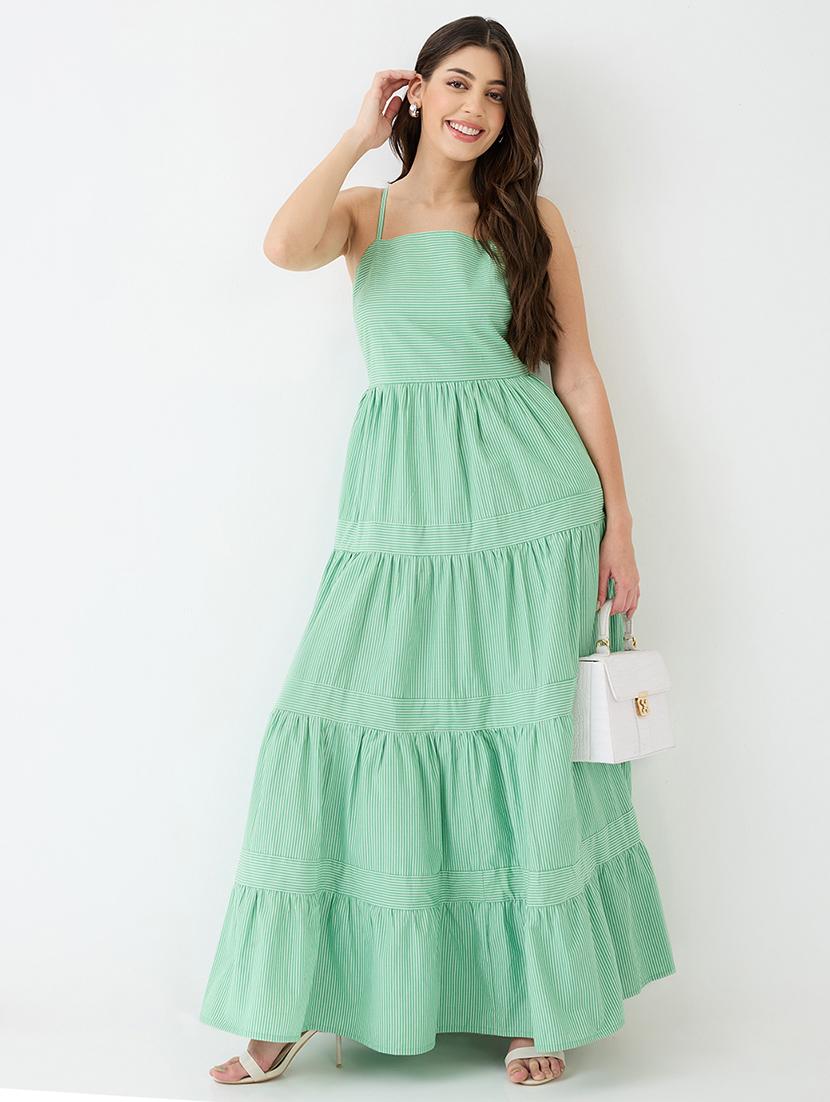 women green square neck strappy shoulder striped smocked tiered fit & flare maxi dress - 21918955 -  Zoom Image - 0