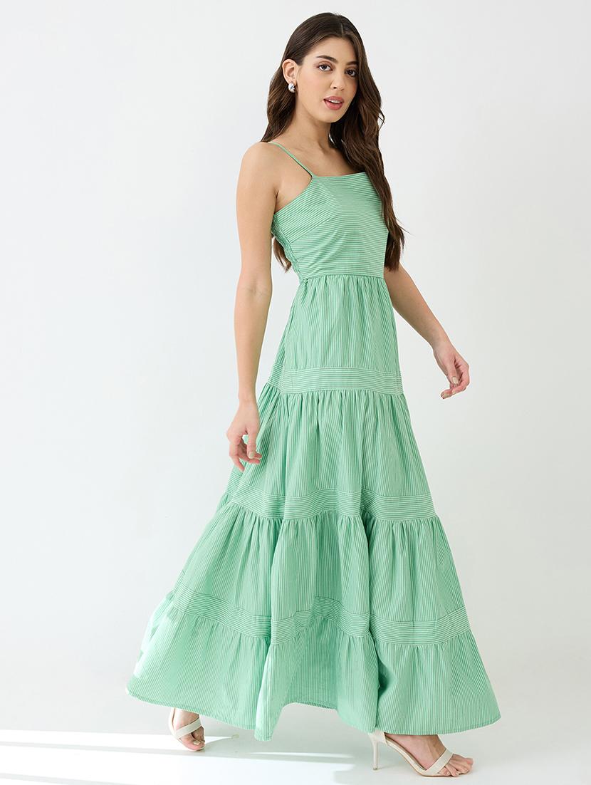 women green square neck strappy shoulder striped smocked tiered fit & flare maxi dress - 21918955 -  Standard Image - 1