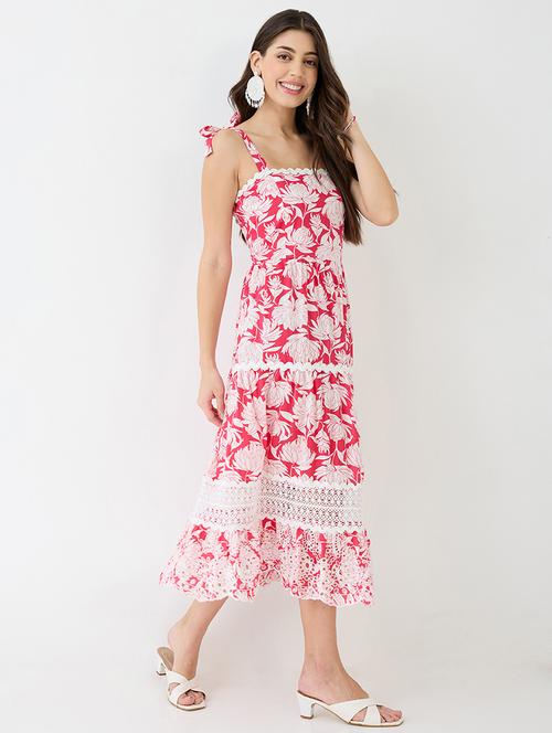 women red square neck tie-up strappy shoulder floral print lace inserts tiered schiffli hem fit & flare midi dress - 21918958 - Standard Image - 0