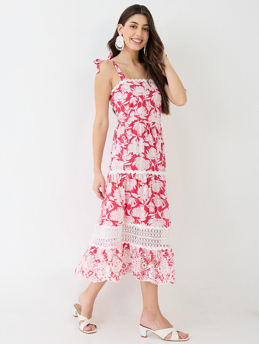 women red square neck tie-up strappy shoulder floral print lace inserts tiered schiffli hem fit & flare midi dress - 21918958 - Zoom Image - 0