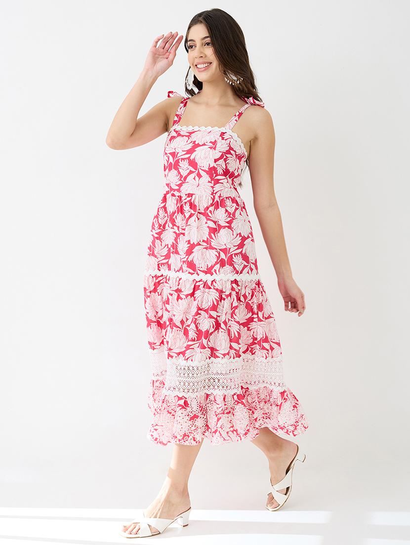 women red square neck tie-up strappy shoulder floral print lace inserts tiered schiffli hem fit & flare midi dress - 21918958 -  Standard Image - 1