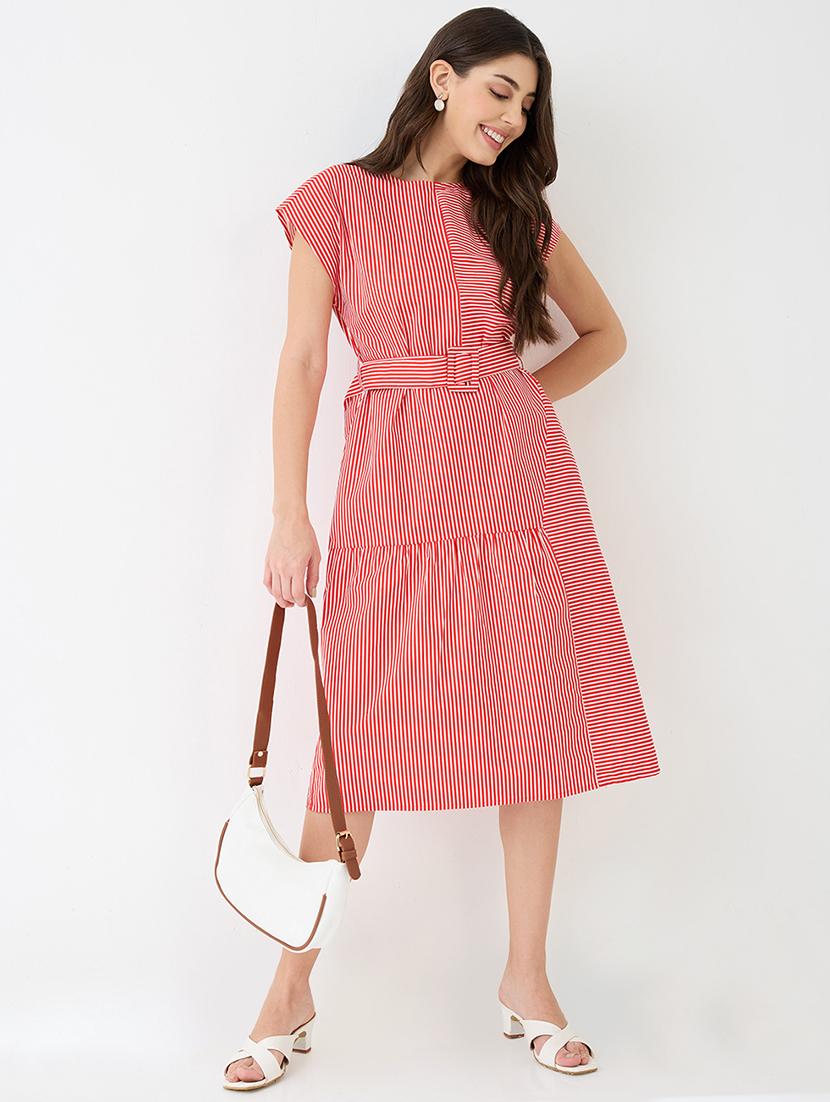 women red round neck extended sleeves striped gathered a-line midi dress with belt - 21918959 -  Zoom Image - 0