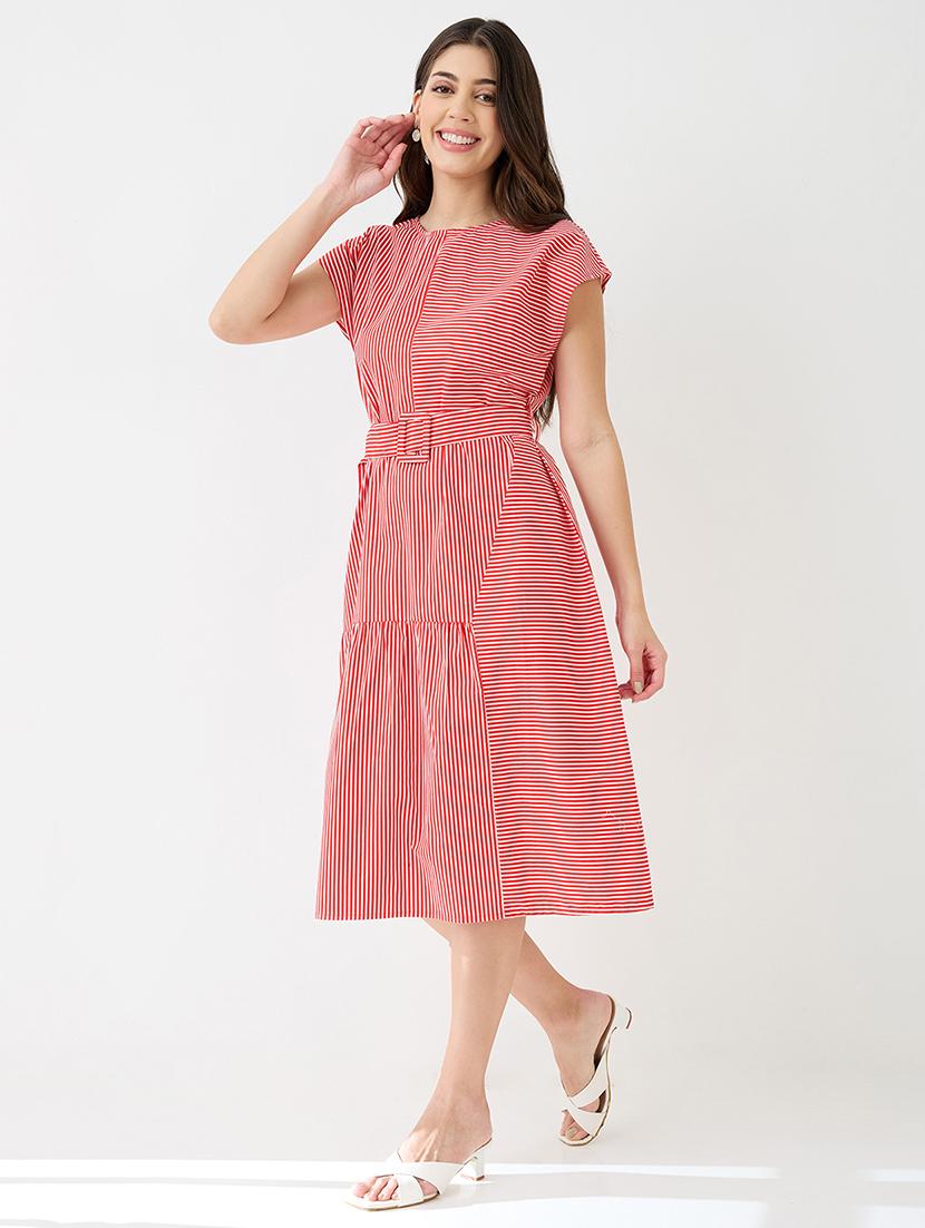 women red round neck extended sleeves striped gathered a-line midi dress with belt - 21918959 - Standard Image - 1