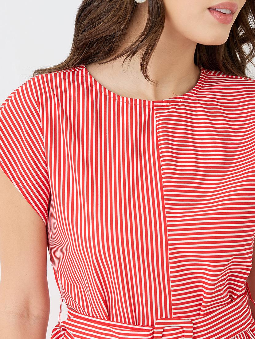 women red round neck extended sleeves striped gathered a-line midi dress with belt - 21918959 - Standard Image - 4