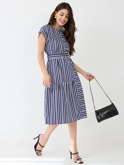 women blue round neck extended sleeves striped gathered a-line midi dress with belt - 21918960 -  Standard Image - 0