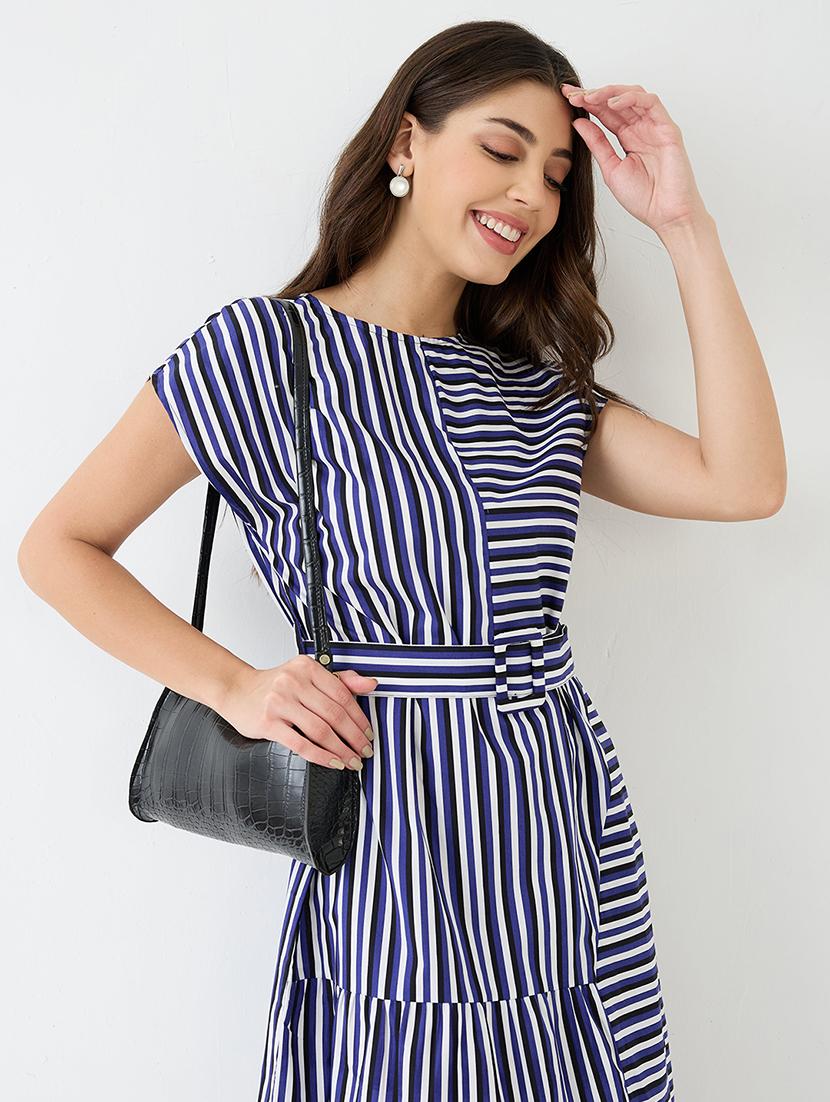 women blue round neck extended sleeves striped gathered a-line midi dress with belt - 21918960 - Standard Image - 4