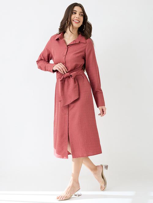 women pink collared neck cuffed sleeves self design waist tie-ups midi workwear shirt dress - 21918962 - Standard Image - 0