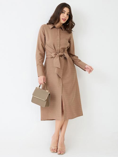 women brown collared neck cuffed sleeves self design waist tie-ups midi workwear shirt dress - 21918963 -  Standard Image - 0