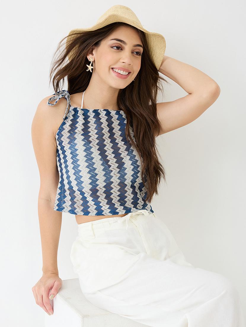 women blue tie-up strappy sleeve chevron pattern crochet crop top - 21918965 -  Standard Image - 1