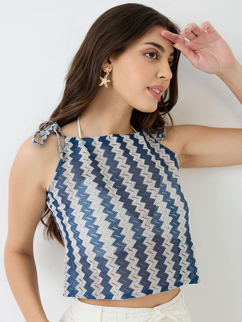 women blue tie-up strappy sleeve chevron pattern crochet crop top - 21918965 - Standard Image - 4