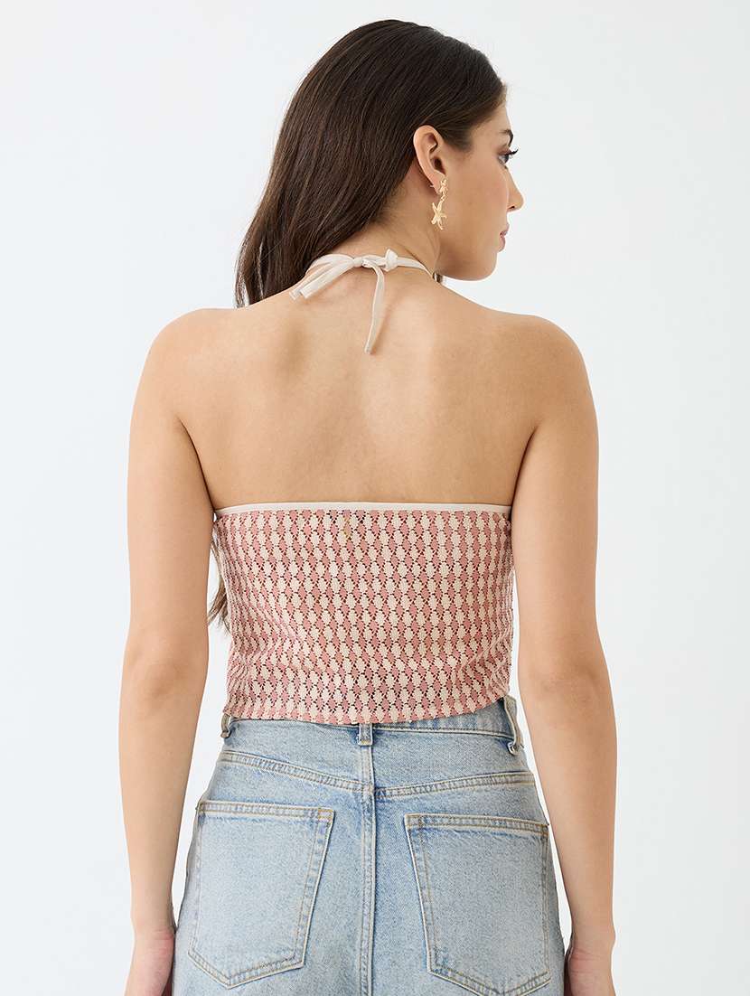 women pink halter neck backless crochet crop top - 21918966 -  Standard Image - 1