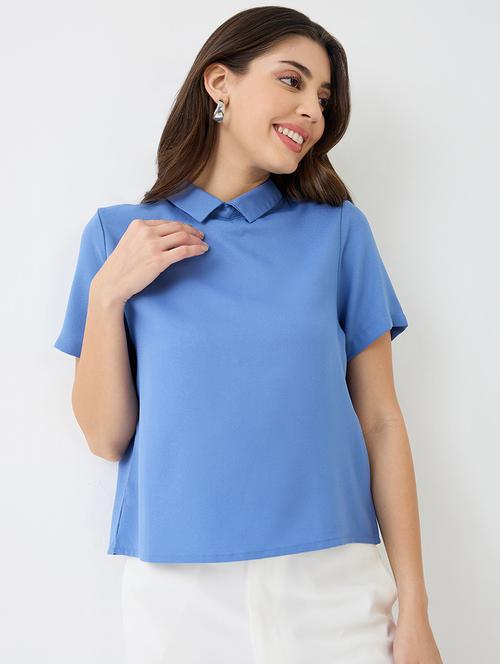 women blue short sleeves collared neck back button shirt style workwear top - 21918968 -  Standard Image - 0