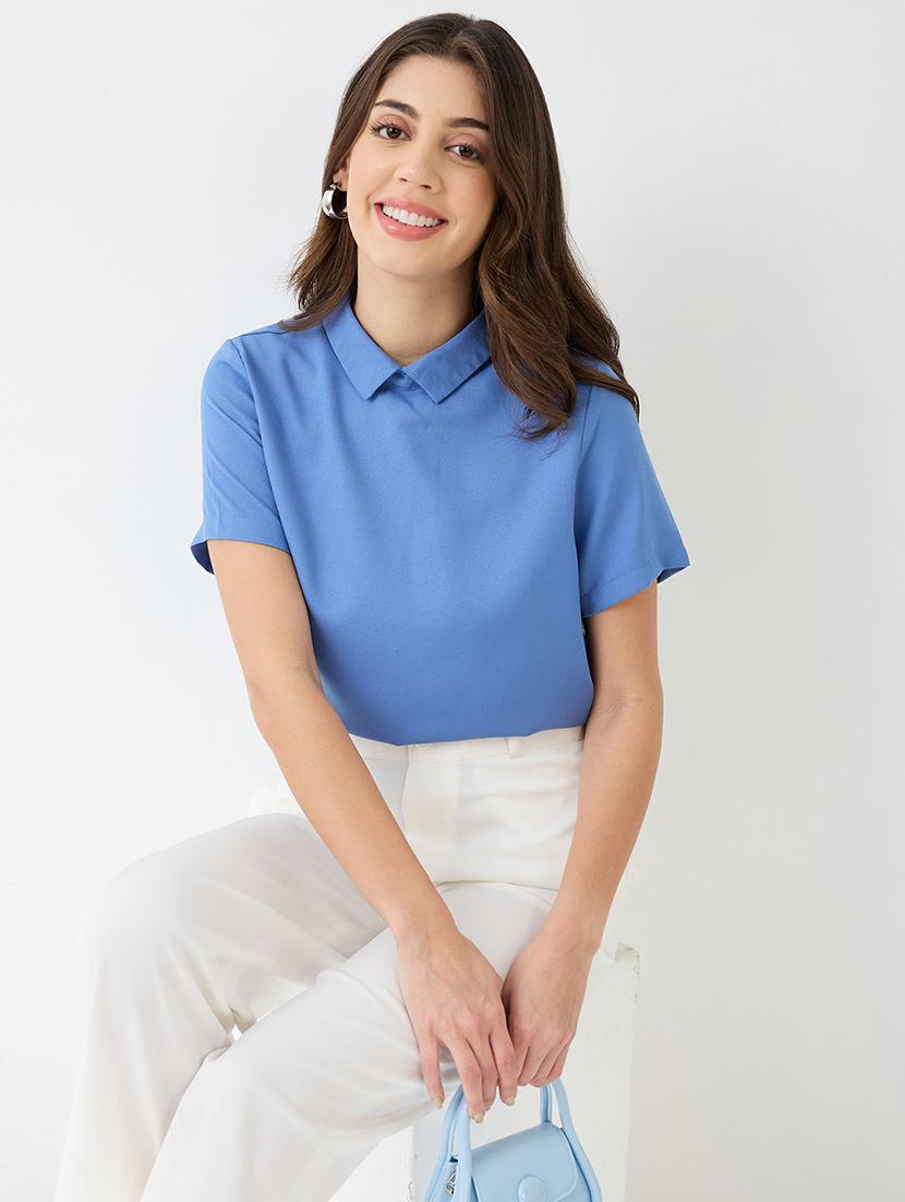 women blue short sleeves collared neck back button shirt style workwear top - 21918968 -  Standard Image - 1