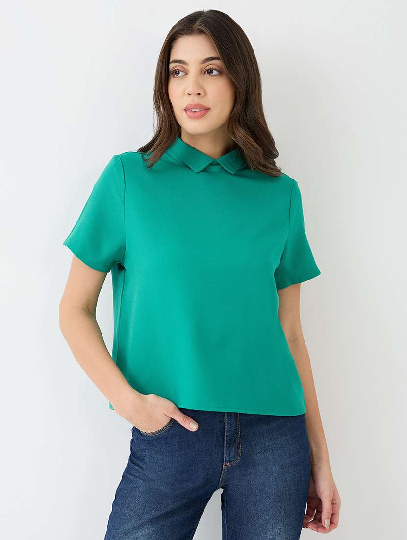 women green short sleeves collared neck back button shirt style workwear top